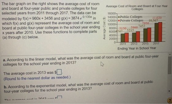 The bar graph on the right shows the average cost of room and board at four-year public and private colleges for four selecte