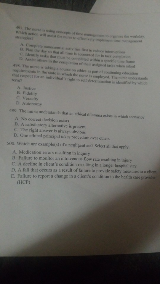 497. The nurse is using concepts of time ng concepts of time management to organize the workday which action will assist the