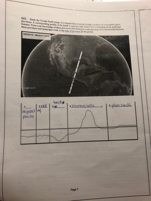 Q13. Study the Google Earth image ofa transect line crossing Eough suekos of fr provinces. A features. Froem your know these