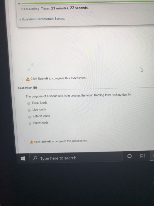 Remaining Time: 21 minutes, 22 seconds. Question Completion Status: > Click Submit to complete this assessment Question 50 Th