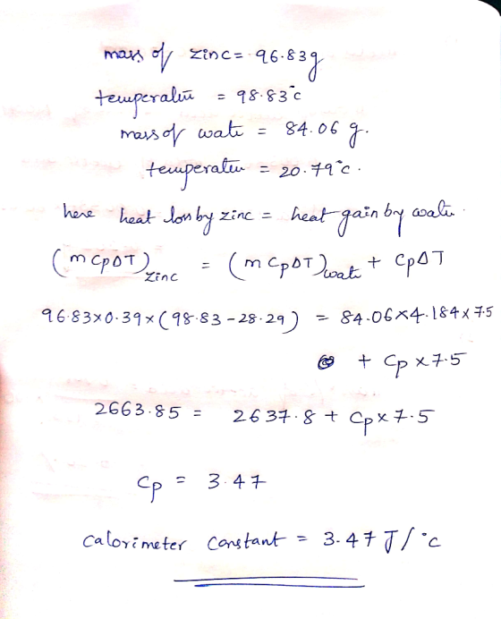 T mass of zinc= 96.839 temperatuu = 98.83c mass of wate = 84.06 g. temperateu - 20.79€. here heat los by zinc = heat gain by