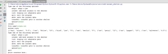 un:animal_shelter animal_ shelter animal_shelter C:\Users\shiva\AppData\Local\Programs\Python\Python35-32\python.exe Type one