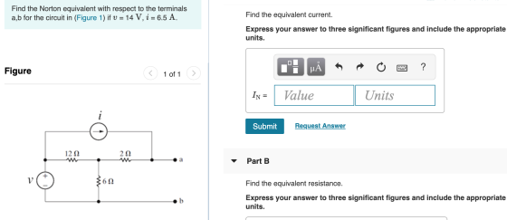 Find the Norton equivalent with respect to the terminals a,b for the circuit in (Figure 1) if v = 14 V, i = 6.5 A Find the eq