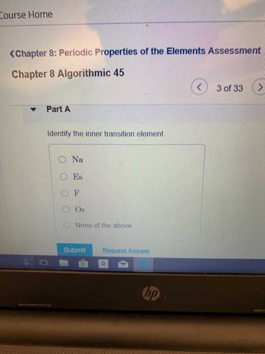 Course Home <Chapter 8: Periodic Properties of the Elements Assessment Chapter 8 Algorithmic 45 ③ 3 of 33 Part A Identify the