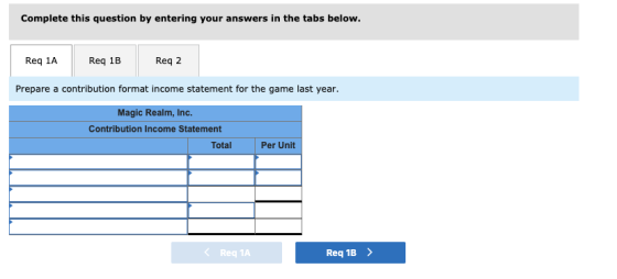 Complete this question by entering your answers in the tabs below. Req 1A Req 1B Reg 2 Prepare a contribution format income s