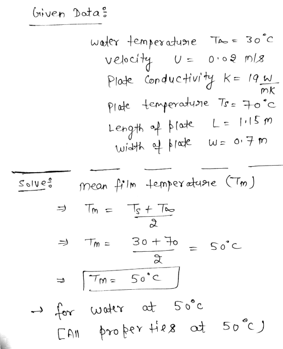 Given Data mk water temperature Tao = 30°C velocity Us 0:02 mle Plate Conductivity k= 19W plate temperatusie Tsa 70°c L = 1.1