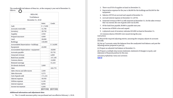 The unadjusted trial balance of Mesa Inc., at the companys year end of December 31, follows: MESA INC. Trial Balance Decembe