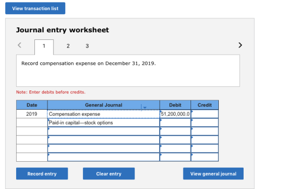 View transaction list Journal entry worksheet 1 2 Record compensation expense on December 31, 2019 Note: Enter debits before