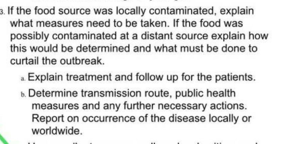 . If the food source was locally contaminated, explain what measures need to be taken. If the food was possibly contaminated