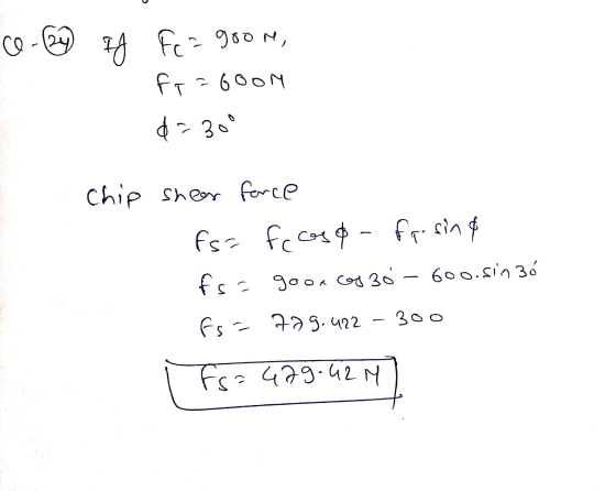co by If Fra goom, fr=goon d=300 Chip sheer force fs= fcceso frosina fs= good (6 30 - 600.sin 36 fs = 729.422 - 300 fs=479.42