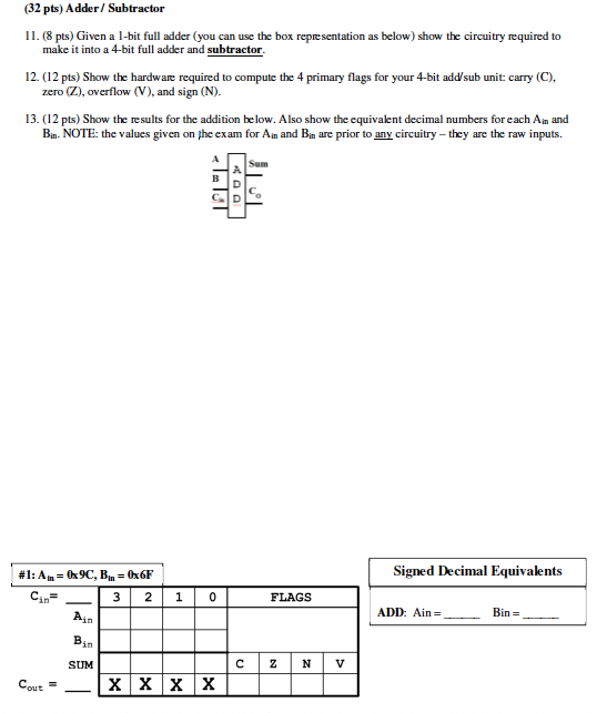 (32 pts) Adder/ Subtractor 11. (8 pts) Given a l-bit full adder (you can use the box representation as below) show the circui
