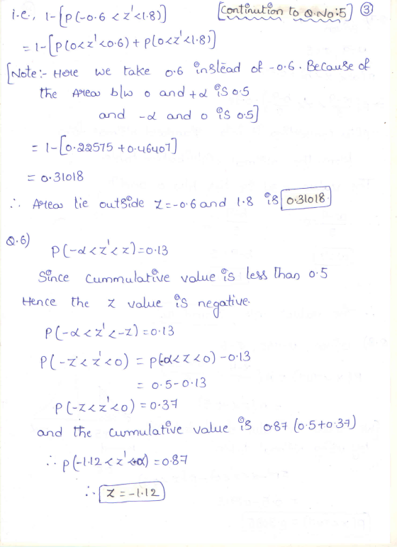 1-es, 1-{p(-0.6 <z<1.80] continuation to a No:5] ® El-[plocz<0.6) + plocz<l«8) Note :- Here we take 0.6 instead of o.6. Be