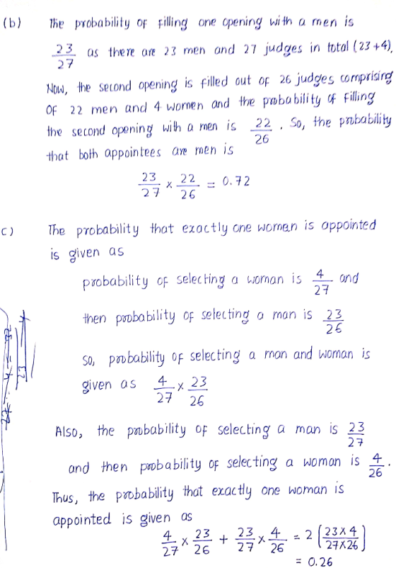 (b) lhe probability of filling one pening th a men is as there are 23 men and 27 judges in total (2344 27 Now, the setond ope