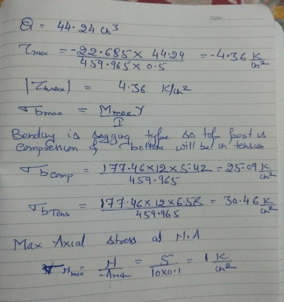 Date:... 44.24 ch3 Tmax. --22.6850 44.24 459.965 x 0.5 .4.36k 4.36 14h2 I bmox = Mmax Bending is sogging type so top tof post