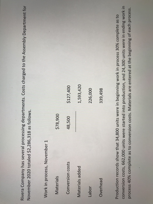 Rivera Company has several processing departments. Costs charged to the Assembly Department for November 2020 totaled $2,286,