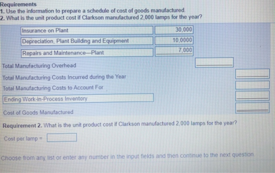 Requirements 1. Use the information to prepare a schedule of cost of goods manufactured 2. What is the unit product cost if C