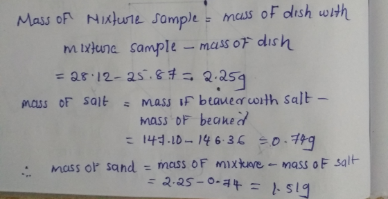 Mass of Nixture sample = mass of dish with mixture Sample - mass of dish = 28.12-25187 = 2.254 mass of salt = mass of beauer