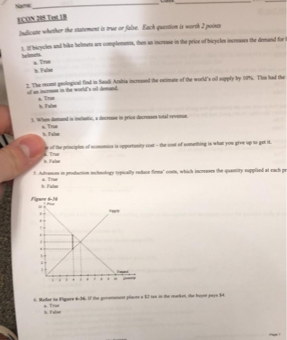 ECON 225 Test 18 habcate whether the statement is true or false. Each question is worth 2 points bicles and helmets are compl