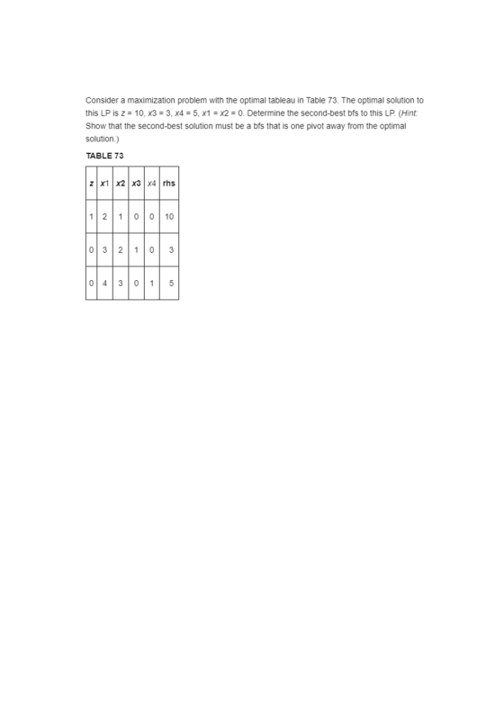 Consider a maximization problem with the optimal tableau in Table 73. The optimal solution to this LP is z = 10, x3 = 3, x4 =