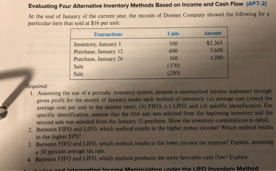 Evaluating Four Alternative Inventory Methods Based on Income and Cash Flow (AP7-2) At the end of January of the current year