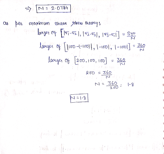 NE 2:0784 larger of as per maximum shear stress theory, [IV-), 172-731, 163-51 larger of [11001-100), 1-1001, | -1001] = 360