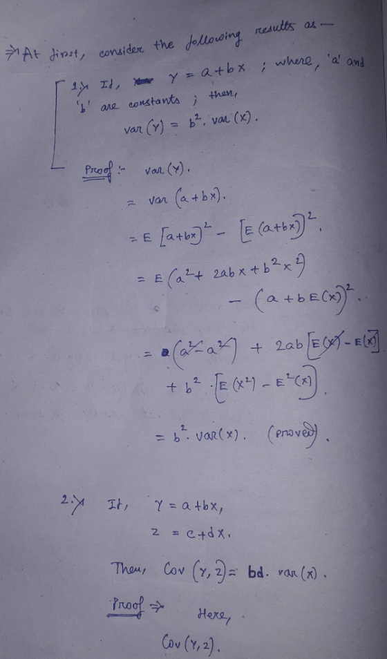 results as - the following 7 At first, consider ; where, a and 14 Id, y = a + bx b are constants i then, var (y) = 6², var