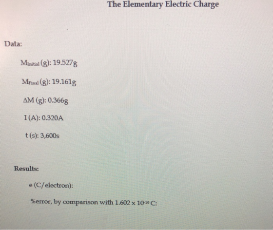 The Elementary Electric Charge Data: Minitial (g): 19.527g Mfinal (g): 19.161g AM(g): 0.366g I(A): 0.320A t(s): 3,600s Result