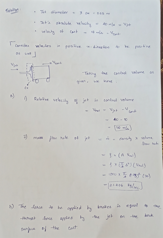 Solution: Jet diameter = 3 cm -0.03 m Jets absolute relocity = 40 mlo 10 mls. Veart - Vjet velocity of Cart Consider velocit