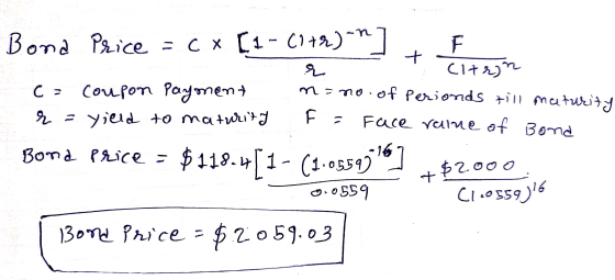 X Bona Price = cх [1 - (1+r)-n] + F r Citrin c = Coupon Payment nino. of Perionds till maturity r = yield to maturity F = F