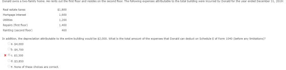 Donald owns a two-family home. He rents out the first floor and resides on the second floor. The following expenses attributa