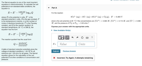 The Nernst equation is one of the most important equations in electrochemistry. To calculate the cell potential at non-standa