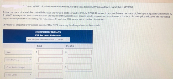 sales in 2019 of $1780600 on 61400 units. Variable costs totaled $859600, and fixed costs totaled $490000. A new raw materia