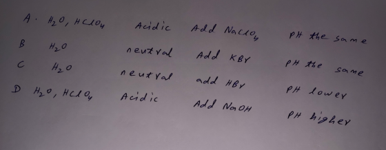 A. H₂O, Hclou - Acidic Add Nacio PH the same H₂O neutral Add KBV C H₂O pH the neutral same add HBV D H₂O, Haloy PH lower acid