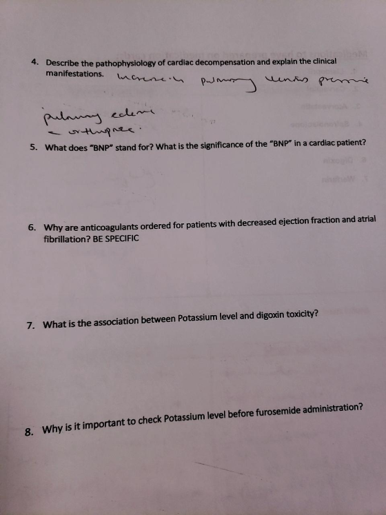 4. Describe the pathophysiology of cardiac decompensation and explain the clinical manifestations. warenen un w in pilanny ed
