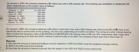 On January 1, 2021, the company obtained a $3 million loan with a 10% interest rate. The building was completed on September