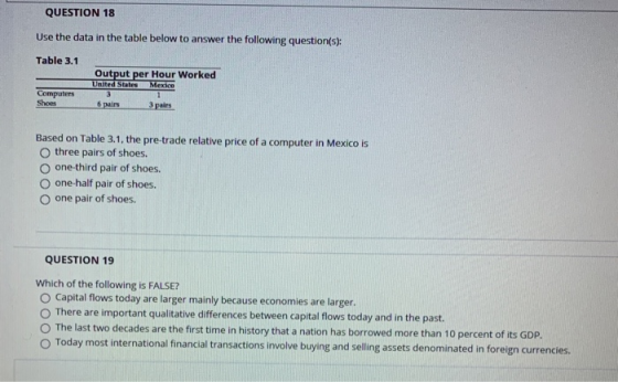 QUESTION 18 Use the data in the table below to answer the following question(s): Table 3.1 Output per Hour Worked United Stat