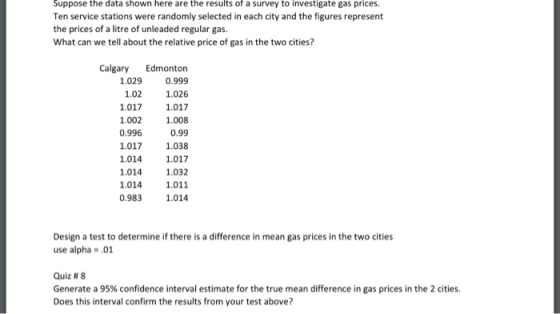 opose the data shown here are the results of a survey to investigate gas prices. Ten service stations were randomly selected