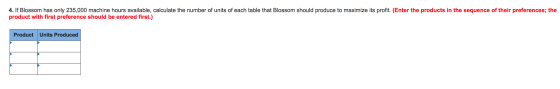 4. If Blossom has only 235,000 machine hours available, calculate the number of units of each table that Blossom should produ