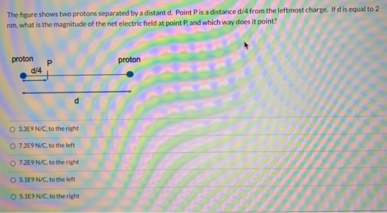 The figure shows two protons separated by a distant d. Point Pis a distance d/4 from the leftmost charge. If d is equal to 2