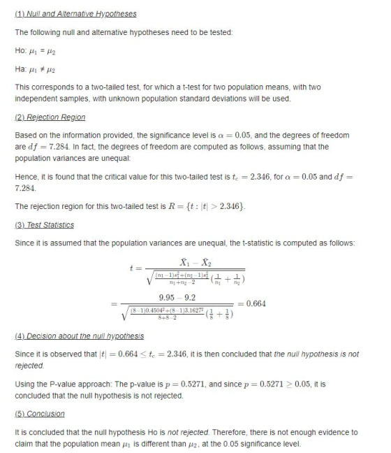an The following null and alternative hypotheses need to be tested This corresponds to a two-tailed test, for which a t-test for two population means, with two independent samples, with unknown population standard deviations will be used (2) Rejection Region Based on the information provided, the significance level is 0.05, and the degrees of freedom are df 7.284. In fact, the degrees of freedom are computed as follows, assuming that the population variances are unequal: Hence, it is found that the critical value for this two-tailed test is tc-2.346, for 7.284. 0.05 and df The rejection region for this two-tailed test is R t: t2.346) (3 Since it is assumed that the population variances are unequal, the t-statistic is computed as follows 112 9.95-9.2 0.664 8-1)0.4504+(8-1)3.16271 8+8 Since it is observed th0.664e 2.346, it is then concluded that the null hypothesis is not rejected. Using the P-value approach: The p-value is p = 0.5271, and since p = 0.5271 > 0.05, it is concluded that the null hypothesis is not rejected It is concluded that the null hypothesis Ho is not rejected. Therefore, there is not enough evidence to claim that the population mean μ| is different than μ , at the 0.05 significance level.