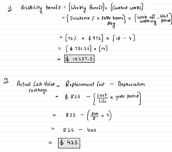 og in disability benefit = [weekly benefit]x (covered wars] = { Insutone Yo x tape mome) ce = (754 * $975) * (18 - 4] - [ $ 7
