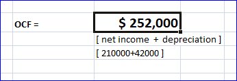 OCF = $ 252,000 [ net income + depreciation ] [ 210000+42000]