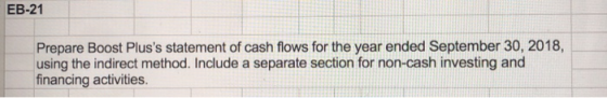 EB-21 Prepare Boost Pluss statement of cash flows for the year ended September 30, 2018, using the indirect method. Include