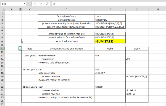 В11 2 А C D E F G 1 23000 face value of note 2 annual interest -23000*1% -ROUND(-PV(10 %,2, 1),5) -ROUND(-PV(10 %,2,0,1) ,5)