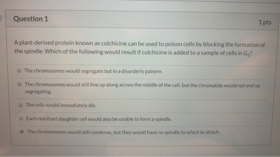 Question 1 1 pts A plant-derived protein known as colchicine can be used to poison cells by blocking the formation of the spi