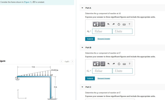 Consider the frame shown in (Figure 1). EI is constant. Part A Determine the y component of reaction at A. Express your answe