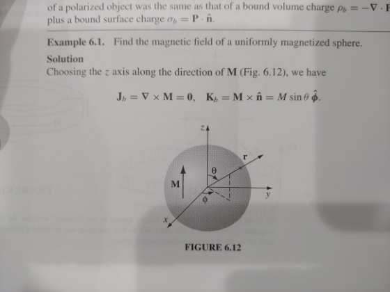 of a polarized object was the same as that of a bound volume charge pV. plus a bound surface charge σι, P-i. Example 6.1. Find the magnetic field of a uniformly magnetized sphere. Solution Choosing the z axis along the direction of M (Fig. 6.12), we have FIGURE 6.12