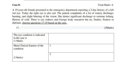 Case 8: Total Mark=6 A 19-year-old female presented to the emergency department reporting a 2-day history of a left red eye.