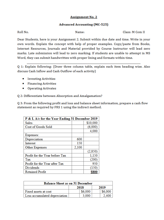 Assignment No. 2 Advanced Accounting (MC-525) Roll No. Name: Class: M Com II Dear Students, here is your Assignment 2. Submit