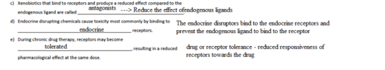 c) Xenobiotics that bind to receptors and produce a reduced effect compared to the endogenous igand are called antagonists ->Reduce the effect ofendogenous ligands endogenous ligand are called, -viirebni ,oab ingdiar telm babsearerk bilg ek.vn n ailVSay F alittle :cītiWXiRS.โ k Siis la ti lo l prevent the endogenous ligand to bind to the receptor s:(3 askx i Mercxxy,H s alul endocrine receptors. e) During chronic drug therapy, receptors may become tolerated drug or receptor tolerance - reduced responsiveness of receptors towards the drug resulting in a reduced pharmacological effect at the same dose.